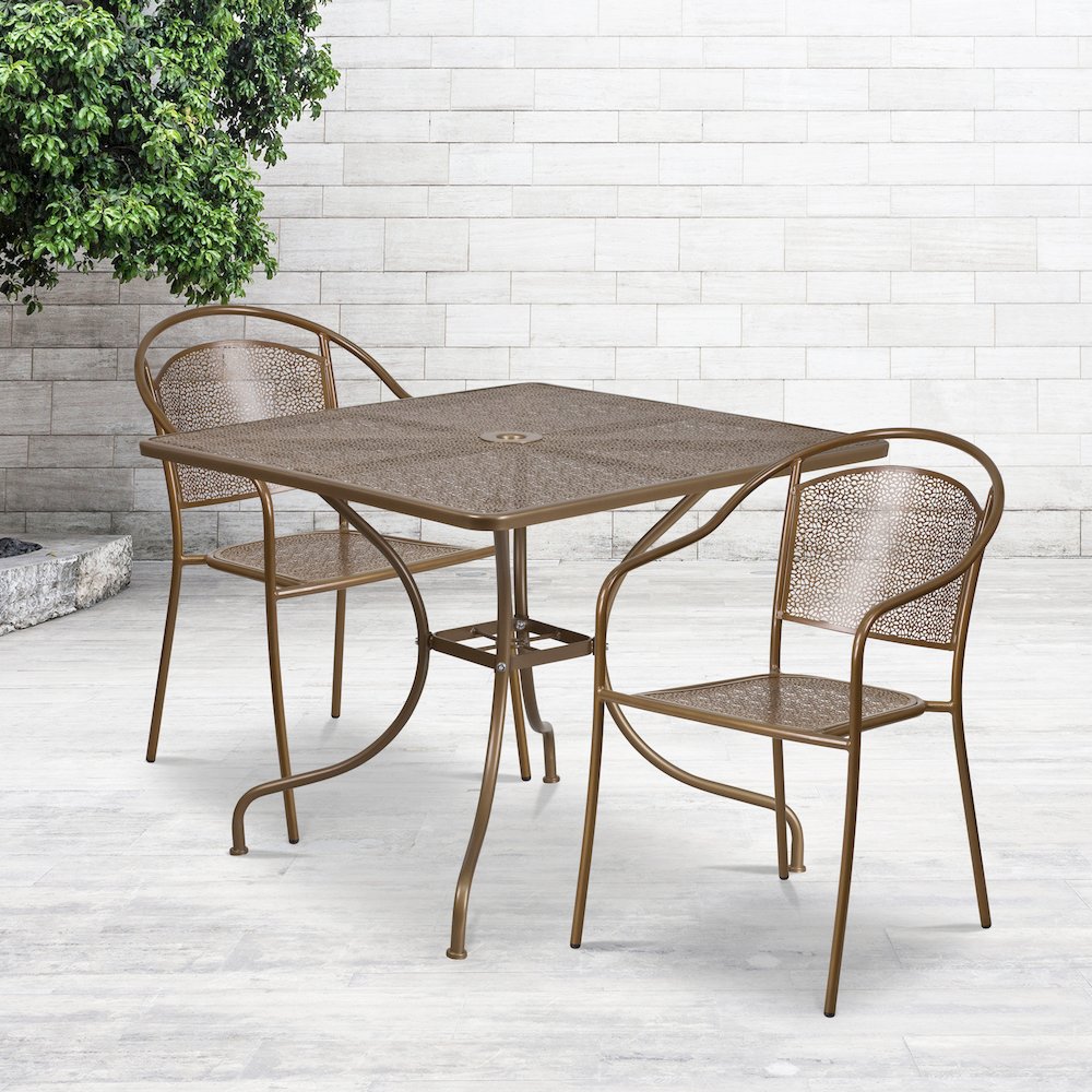 35.5" Square Gold Indoor-Outdoor Steel Patio Table Set with 2 Round Back Chairs. Picture 2
