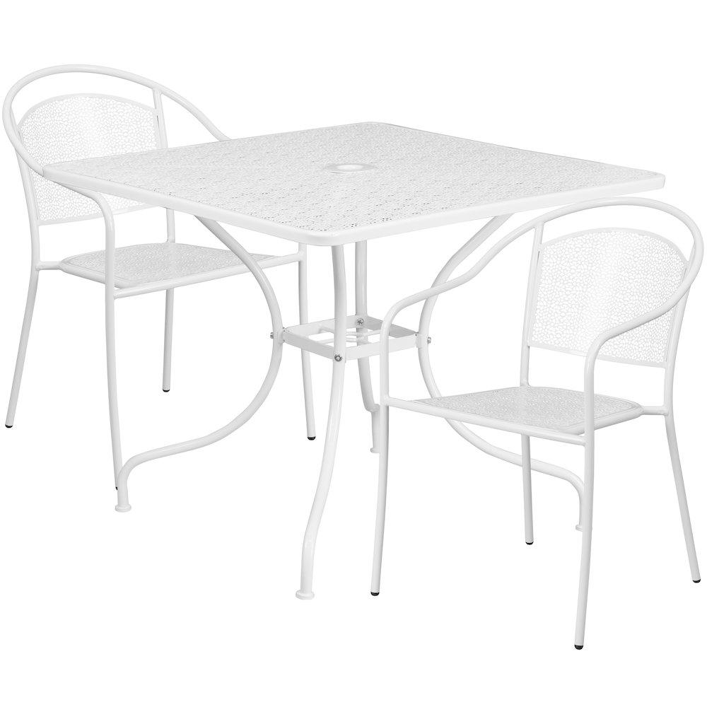 35.5" Square White Indoor-Outdoor Steel Patio Table Set with 2 Round Back Chairs. Picture 1
