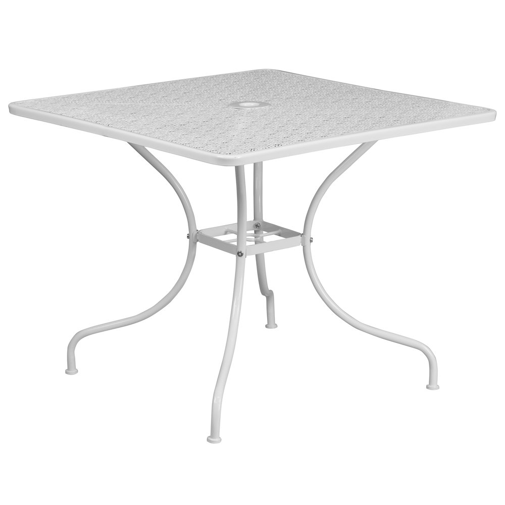 35.5" Square White Indoor-Outdoor Steel Patio Table Set with 2 Round Back Chairs. Picture 4