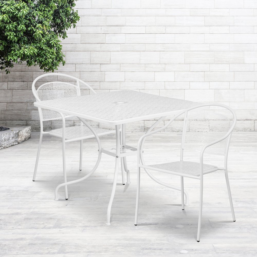 35.5" Square White Indoor-Outdoor Steel Patio Table Set with 2 Round Back Chairs. Picture 2