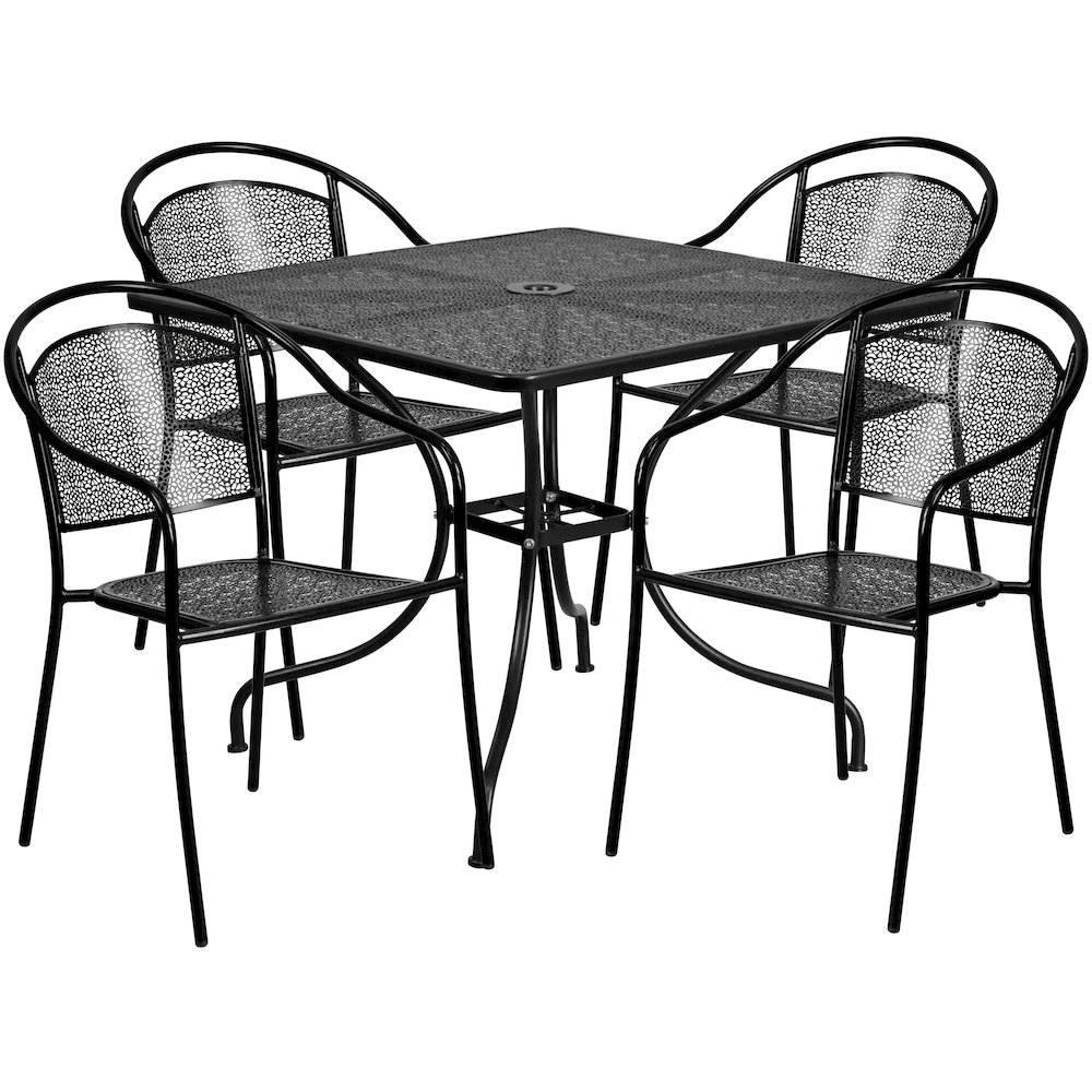 Commercial Grade 35.5" Square Black Indoor-Outdoor Steel Patio Table Set with 4 Round Back Chairs. Picture 1