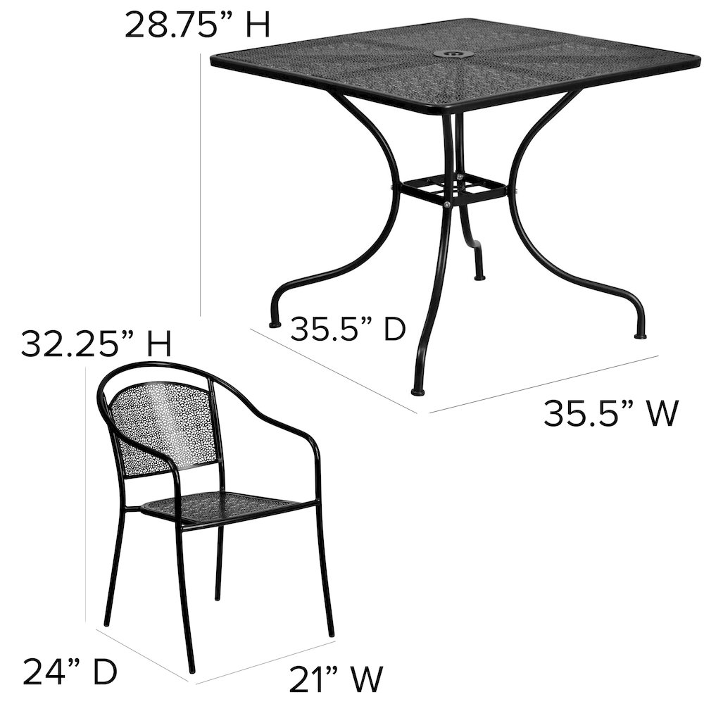 Commercial Grade 35.5" Square Black Indoor-Outdoor Steel Patio Table Set with 4 Round Back Chairs. Picture 2