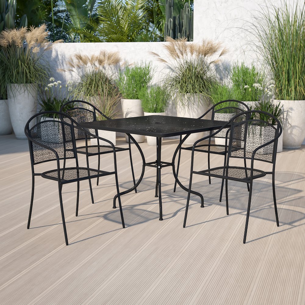 Commercial Grade 35.5" Square Black Indoor-Outdoor Steel Patio Table Set with 4 Round Back Chairs. Picture 5