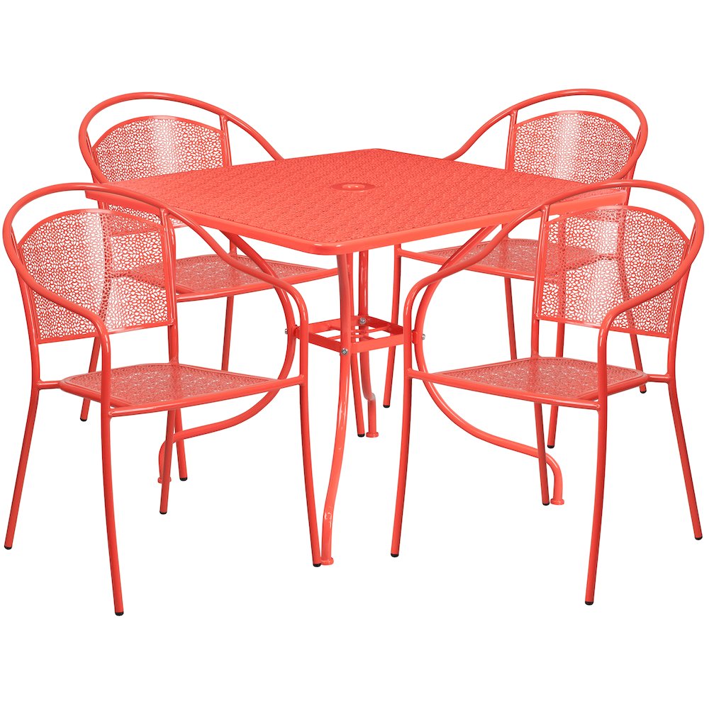 35.5" Square Coral Indoor-Outdoor Steel Patio Table Set with 4 Round Back Chairs. Picture 1