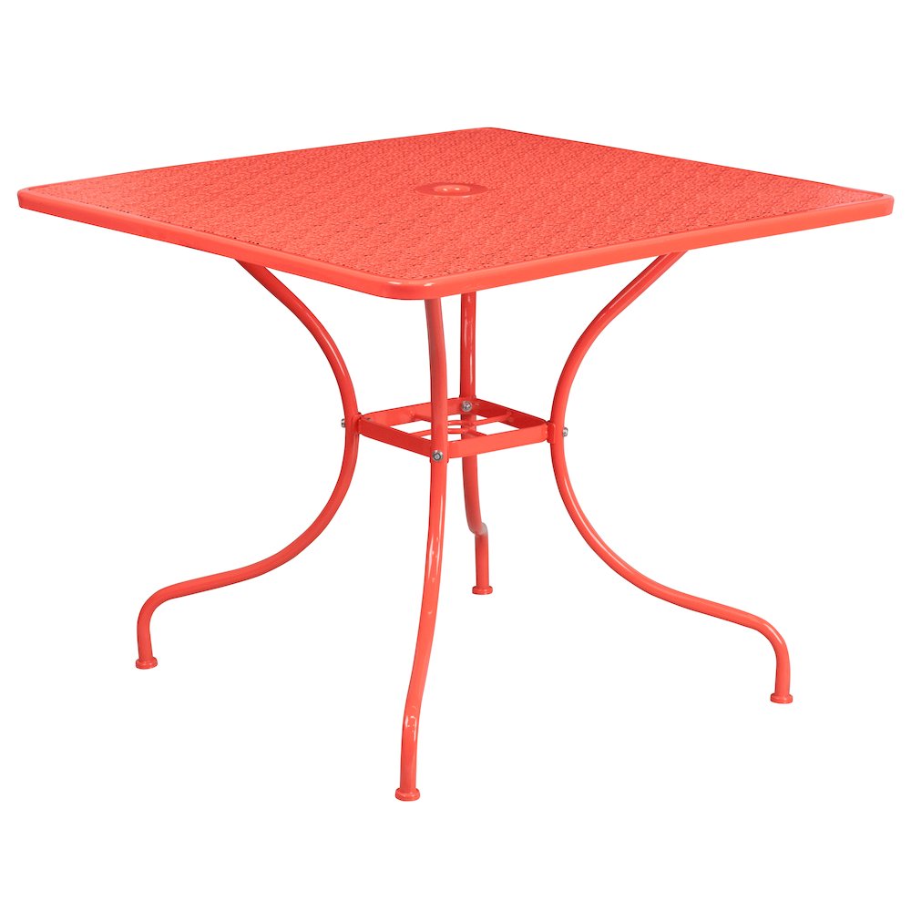 35.5" Square Coral Indoor-Outdoor Steel Patio Table Set with 4 Round Back Chairs. Picture 4