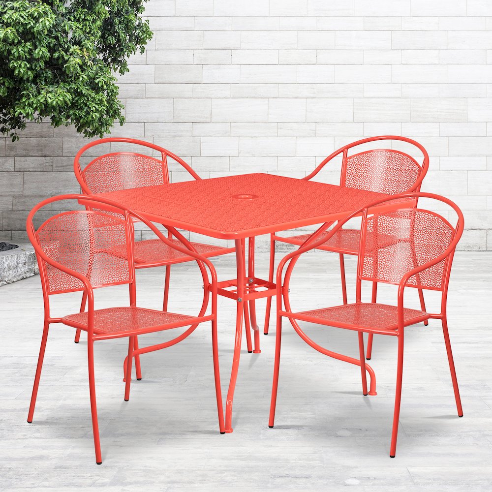 35.5" Square Coral Indoor-Outdoor Steel Patio Table Set with 4 Round Back Chairs. Picture 2