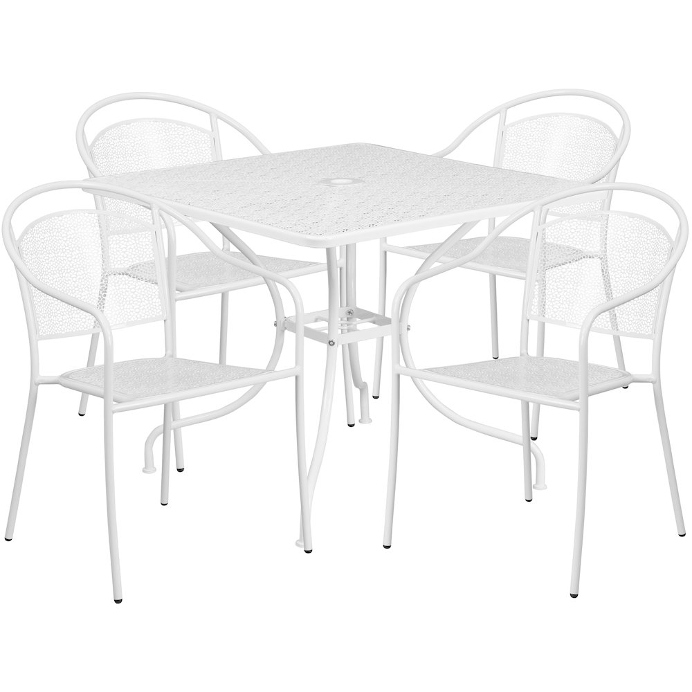 35.5" Square White Indoor-Outdoor Steel Patio Table Set with 4 Round Back Chairs. Picture 1