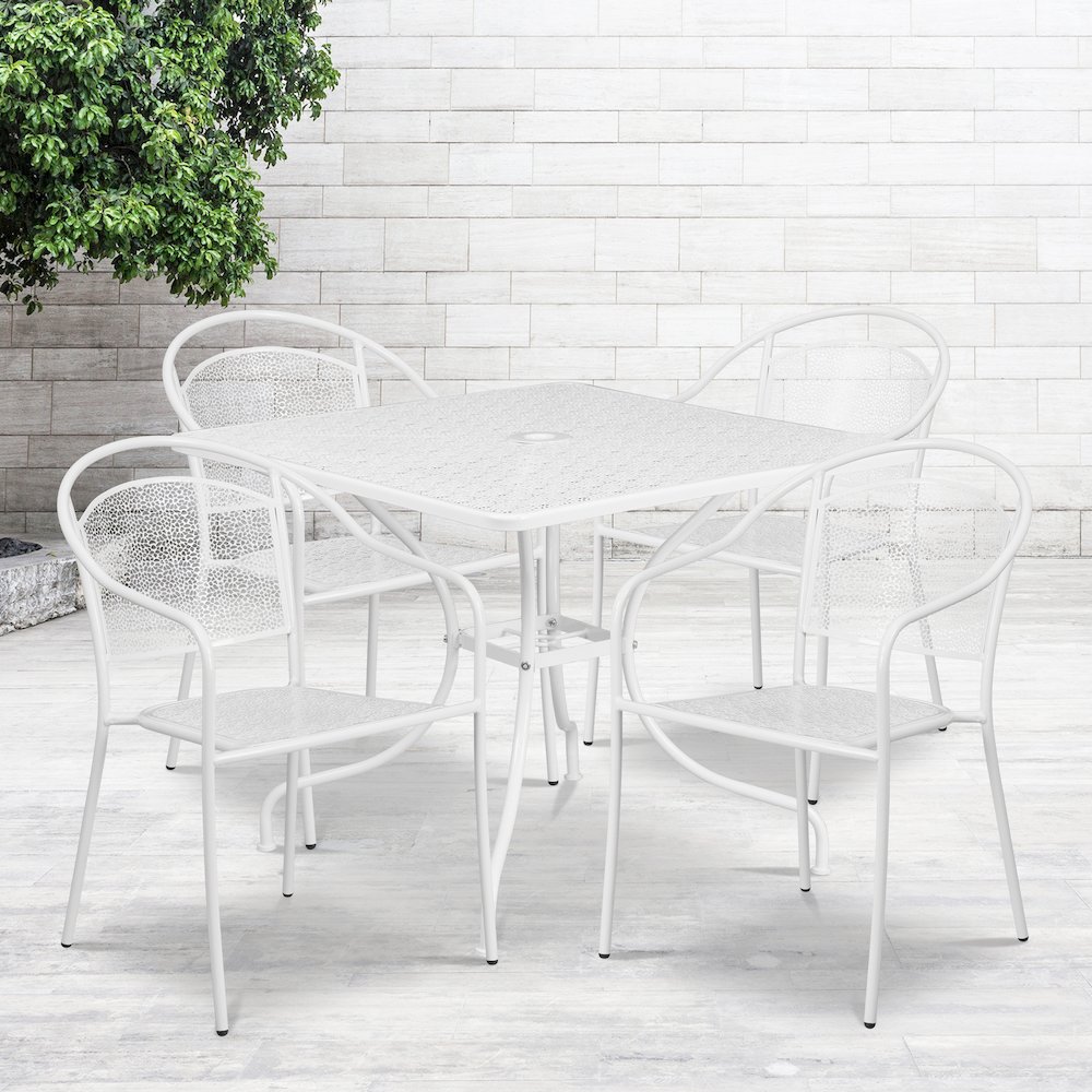 35.5" Square White Indoor-Outdoor Steel Patio Table Set with 4 Round Back Chairs. Picture 2