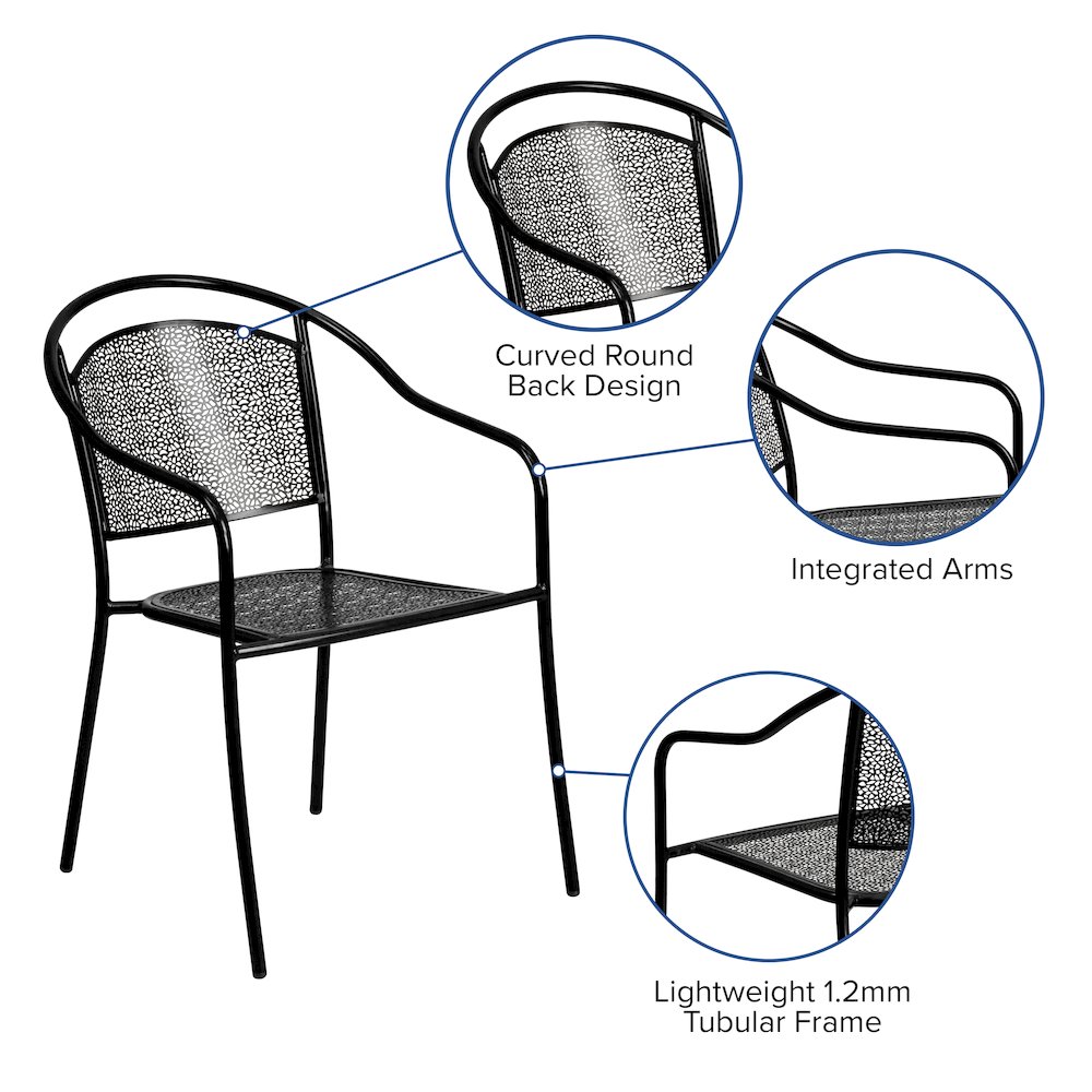 Commercial Grade Black Indoor-Outdoor Steel Patio Arm Chair with Round Back. Picture 5