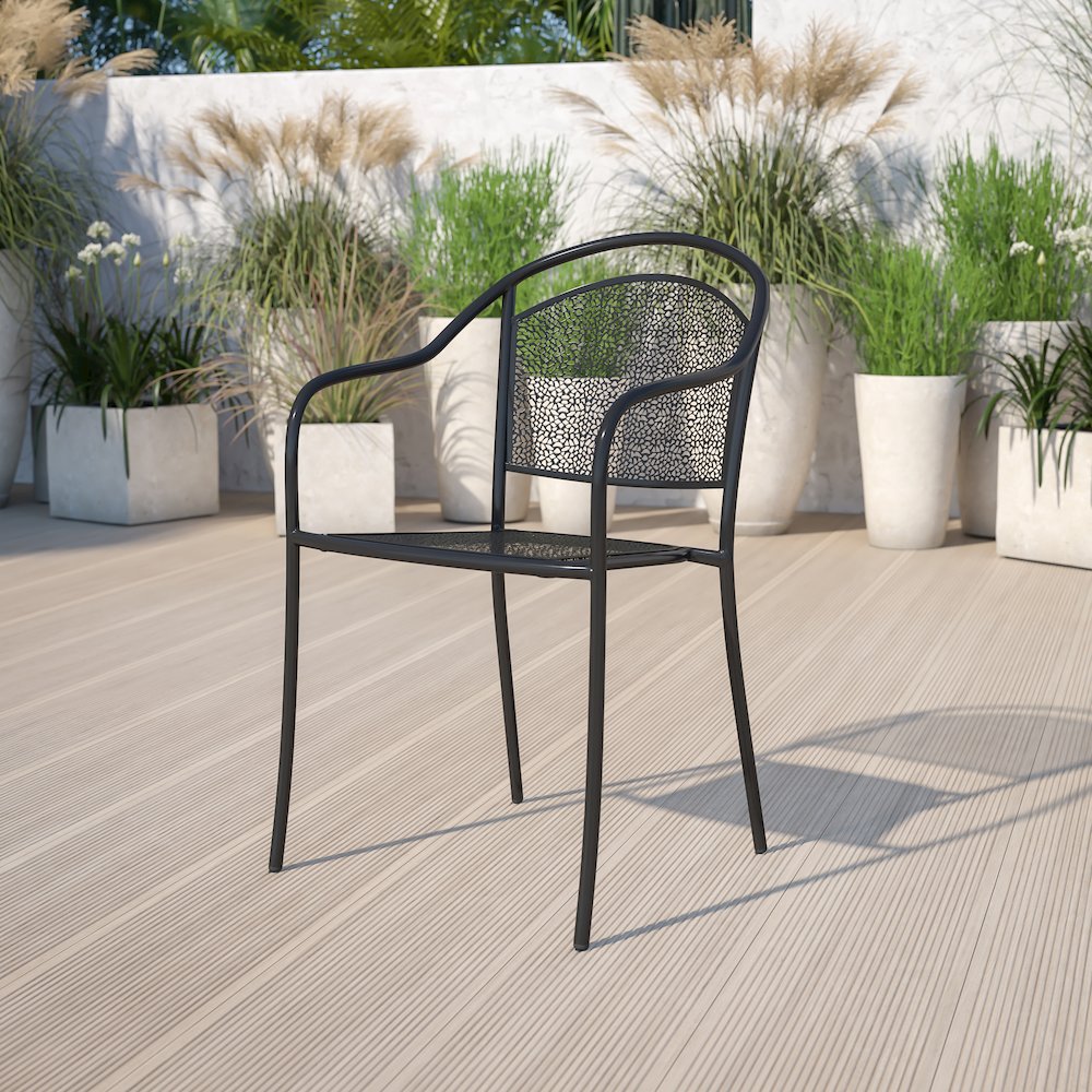 Commercial Grade Black Indoor-Outdoor Steel Patio Arm Chair with Round Back. Picture 2