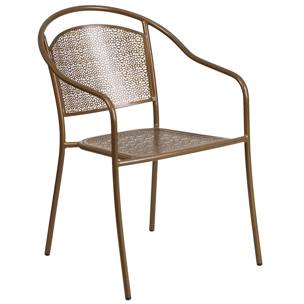 Commercial Grade Gold Indoor-Outdoor Steel Patio Arm Chair with Round Back. Picture 1