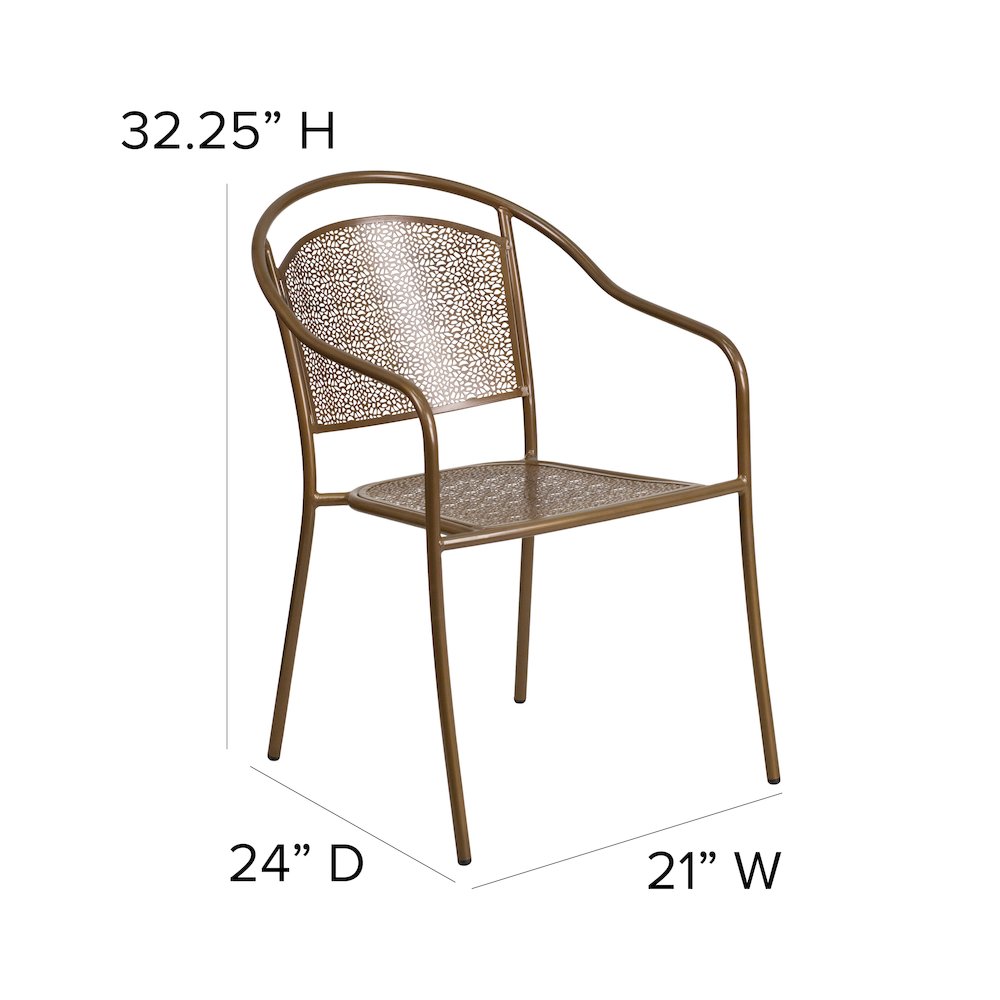 Commercial Grade Gold Indoor-Outdoor Steel Patio Arm Chair with Round Back. Picture 6
