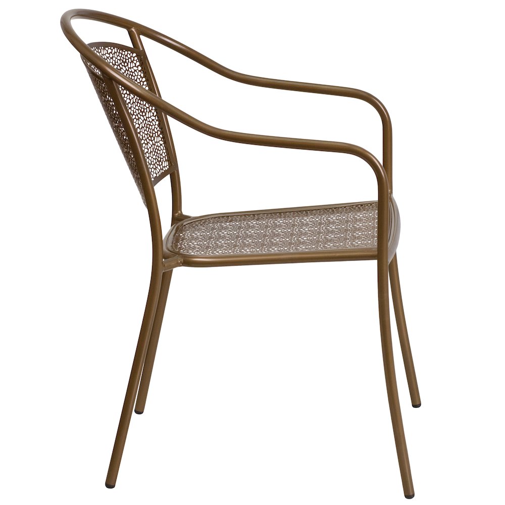 Commercial Grade Gold Indoor-Outdoor Steel Patio Arm Chair with Round Back. Picture 9