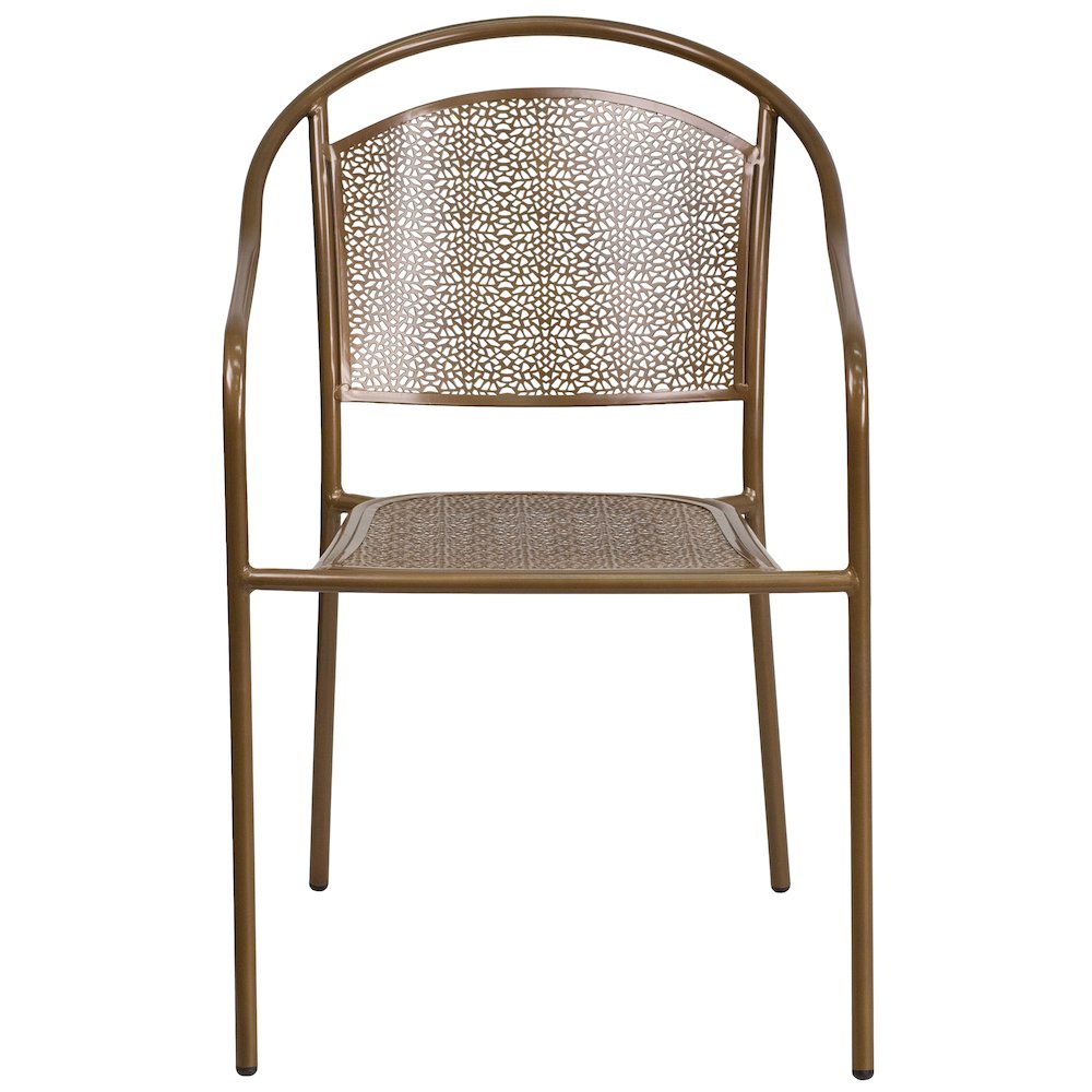 Commercial Grade Gold Indoor-Outdoor Steel Patio Arm Chair with Round Back. Picture 10