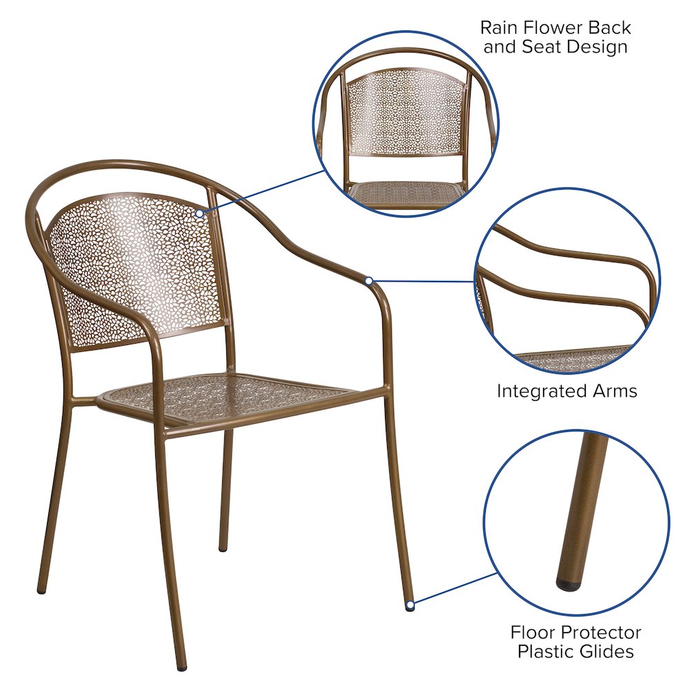 Commercial Grade Gold Indoor-Outdoor Steel Patio Arm Chair with Round Back. Picture 5
