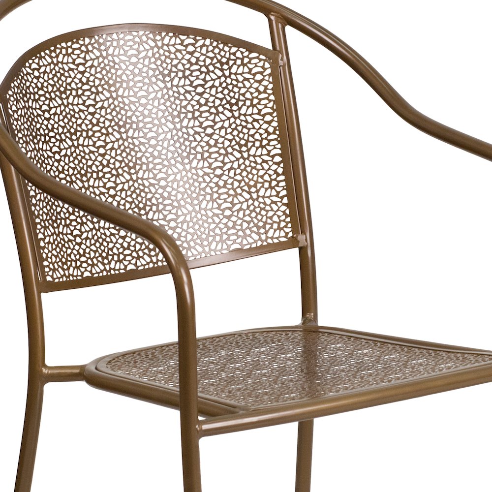 Commercial Grade Gold Indoor-Outdoor Steel Patio Arm Chair with Round Back. Picture 11