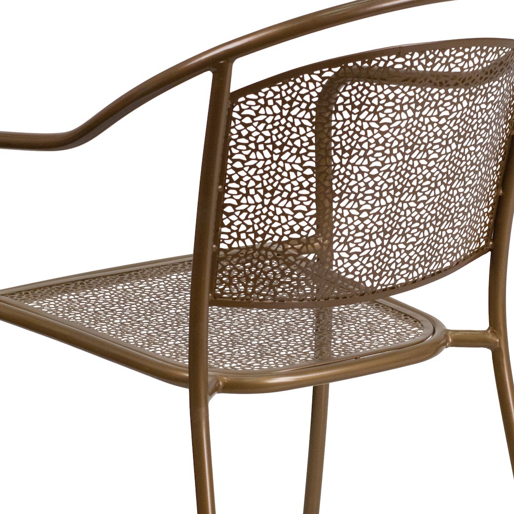 Commercial Grade Gold Indoor-Outdoor Steel Patio Arm Chair with Round Back. Picture 8