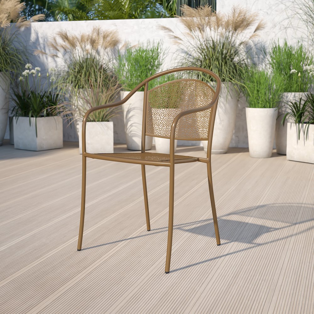 Commercial Grade Gold Indoor-Outdoor Steel Patio Arm Chair with Round Back. Picture 2