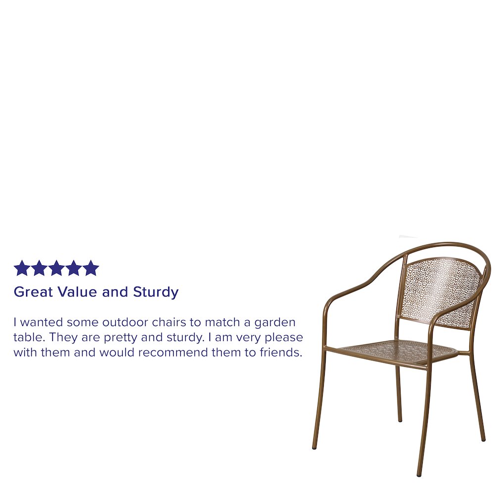 Commercial Grade Gold Indoor-Outdoor Steel Patio Arm Chair with Round Back. Picture 4