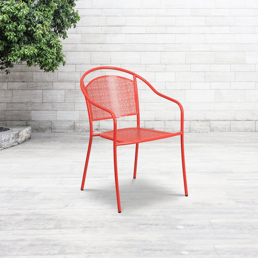Commercial Grade Coral Indoor-Outdoor Steel Patio Arm Chair with Round Back. Picture 5