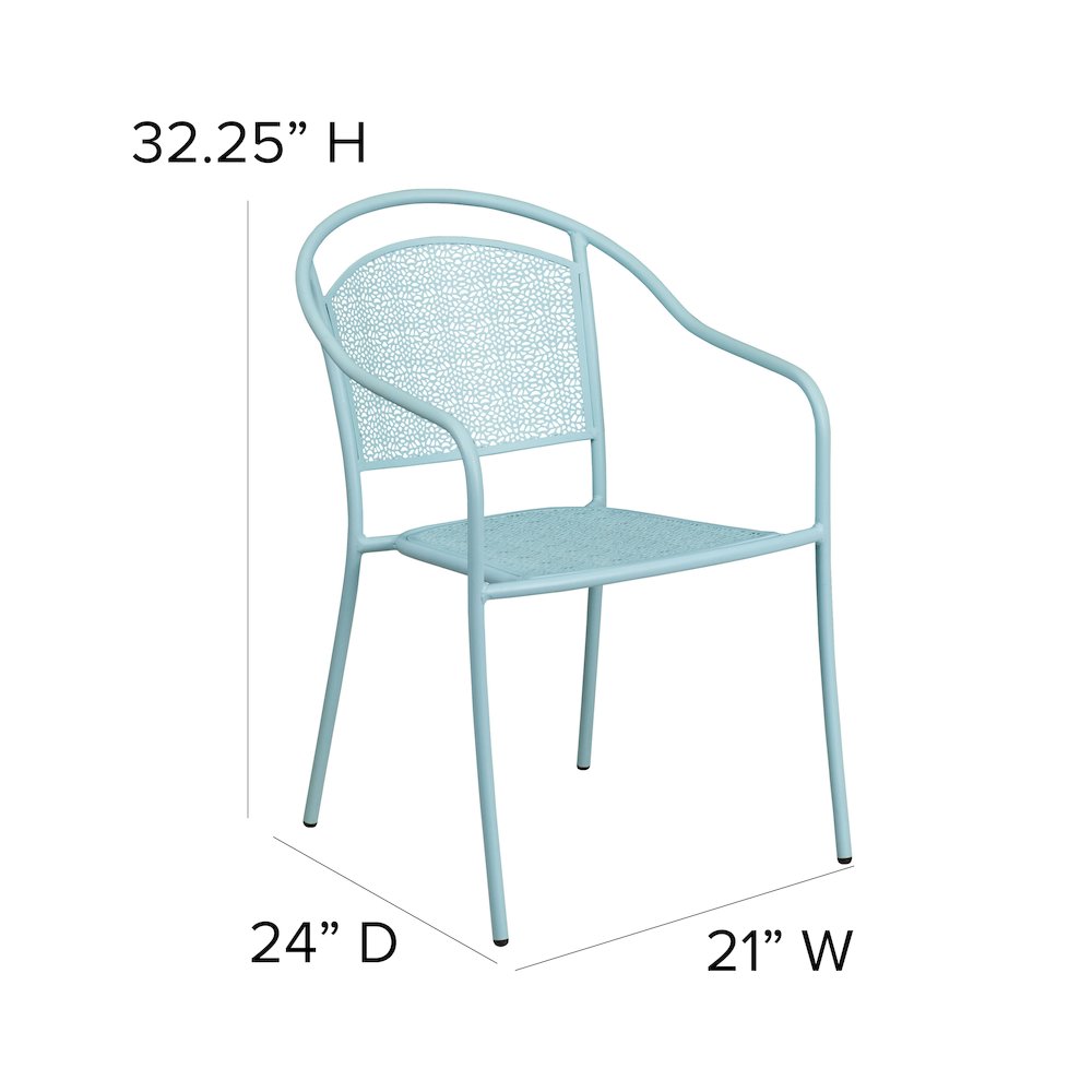 Commercial Grade Sky Blue Indoor-Outdoor Steel Patio Arm Chair with Round Back. Picture 2