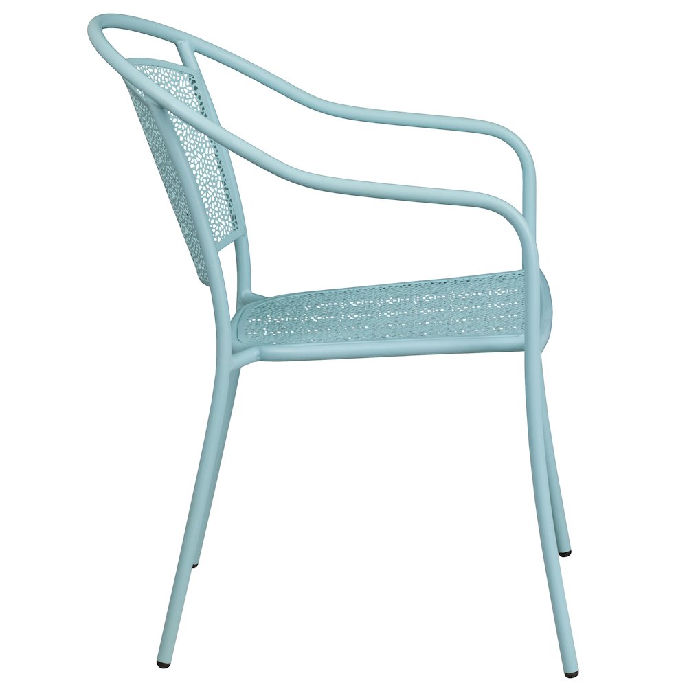 Commercial Grade Sky Blue Indoor-Outdoor Steel Patio Arm Chair with Round Back. Picture 3