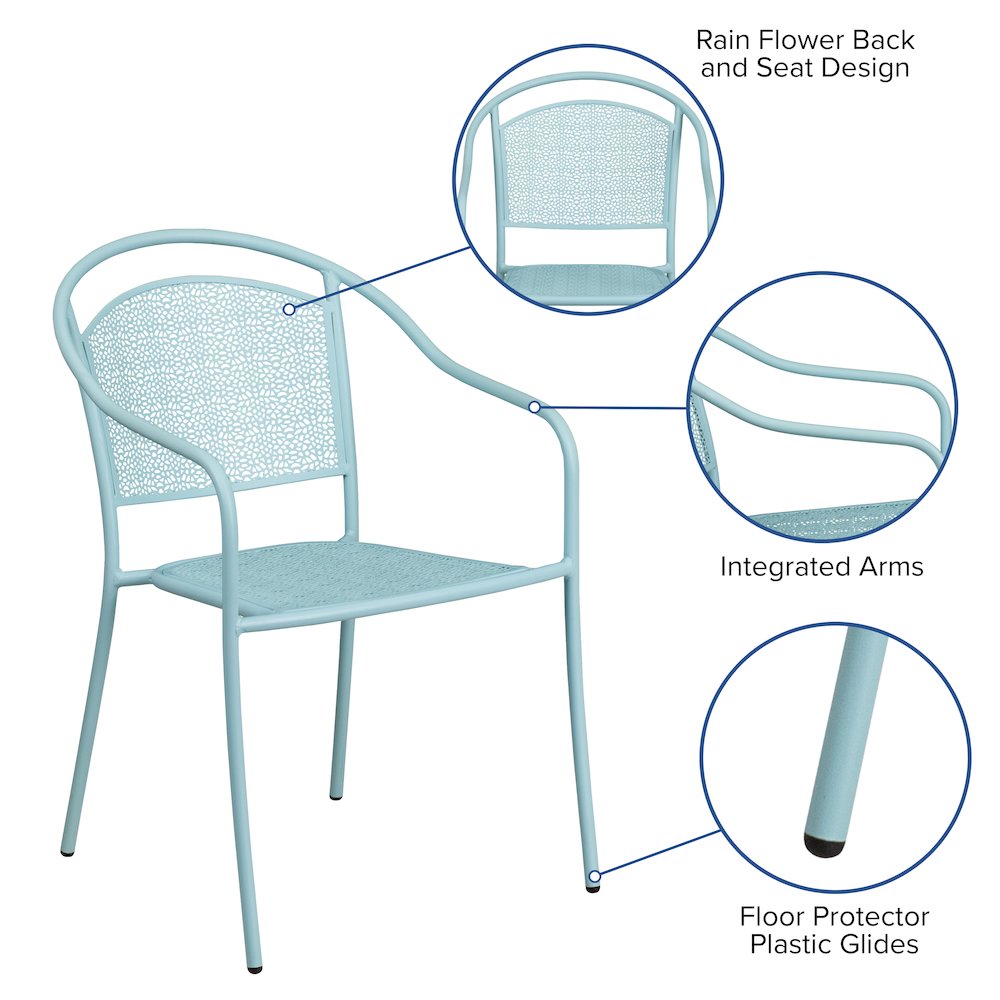 Sky Blue Indoor-Outdoor Steel Patio Arm Chair with Round Back. Picture 5