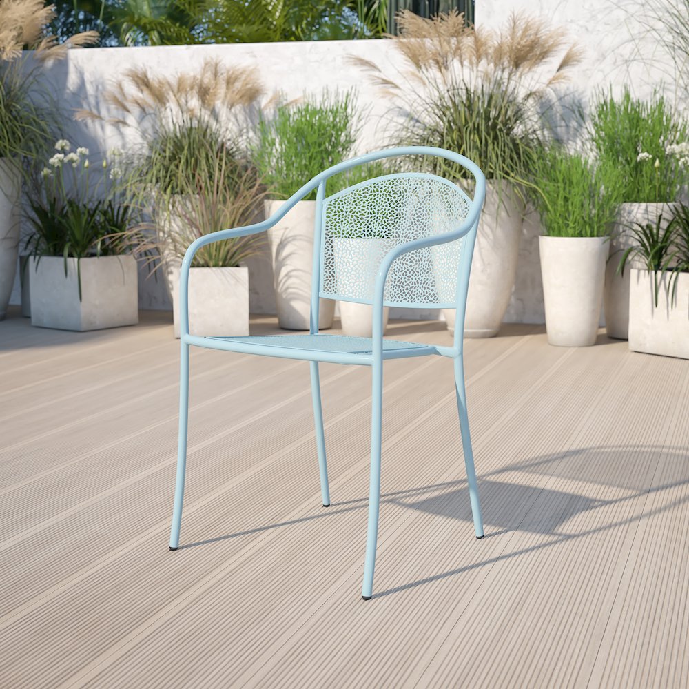 Commercial Grade Sky Blue Indoor-Outdoor Steel Patio Arm Chair with Round Back. Picture 6