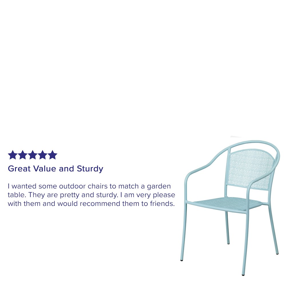 Commercial Grade Sky Blue Indoor-Outdoor Steel Patio Arm Chair with Round Back. Picture 7