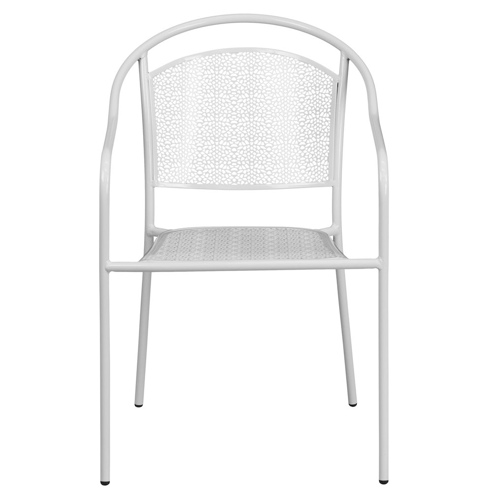 Commercial Grade White Indoor-Outdoor Steel Patio Arm Chair with Round Back. Picture 5