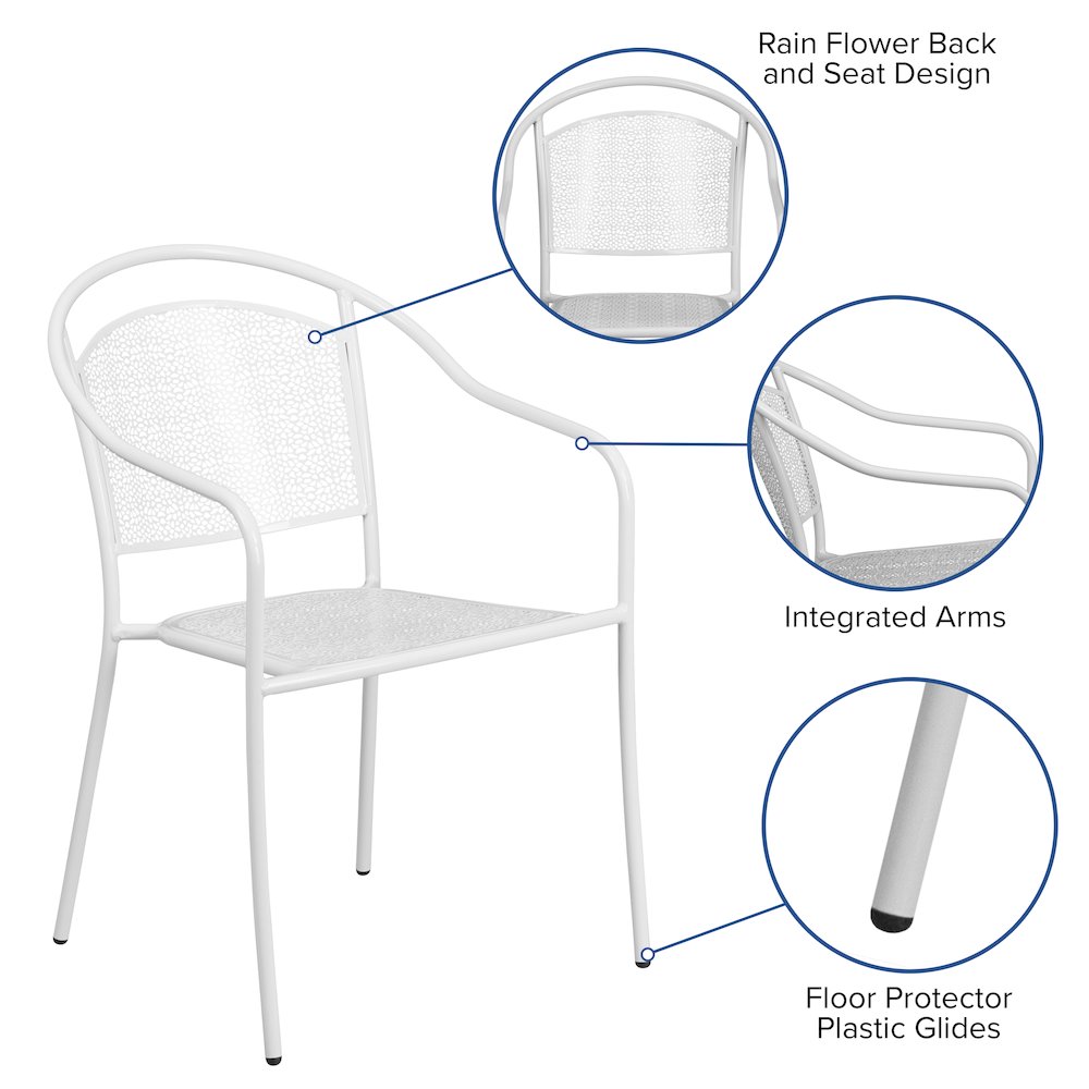 Commercial Grade White Indoor-Outdoor Steel Patio Arm Chair with Round Back. Picture 5