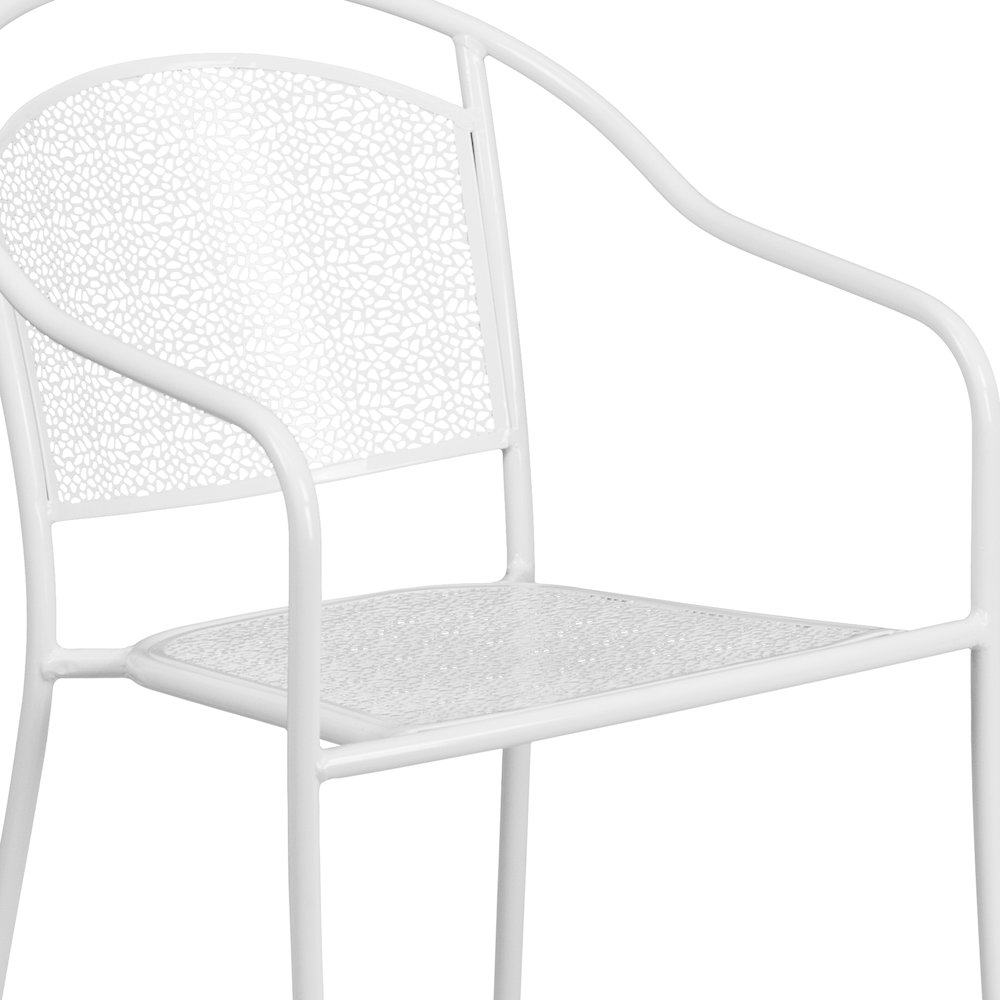 Commercial Grade White Indoor-Outdoor Steel Patio Arm Chair with Round Back. Picture 8