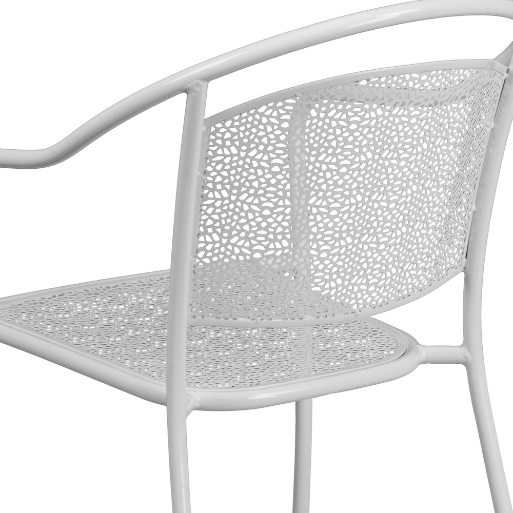 Commercial Grade White Indoor-Outdoor Steel Patio Arm Chair with Round Back. Picture 11