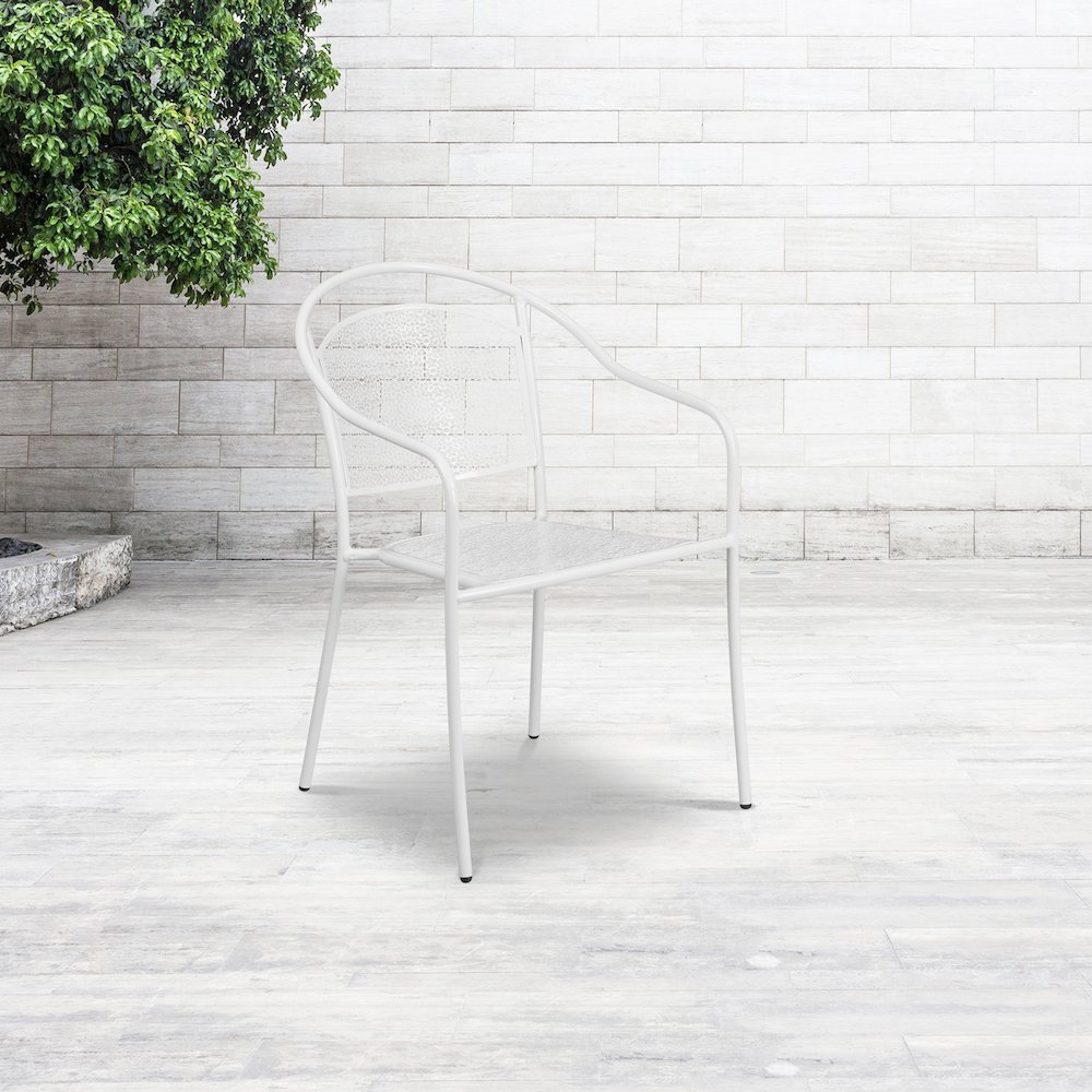 Commercial Grade White Indoor-Outdoor Steel Patio Arm Chair with Round Back. Picture 6
