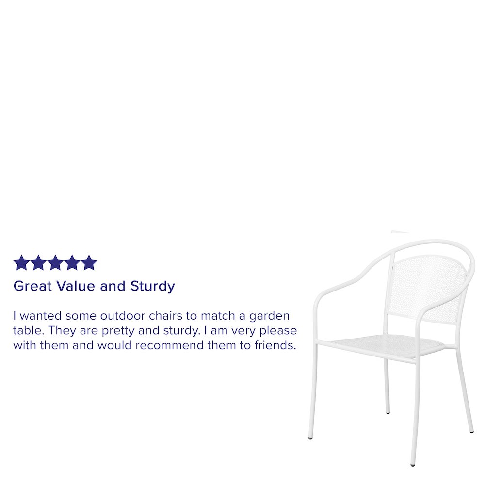 Commercial Grade White Indoor-Outdoor Steel Patio Arm Chair with Round Back. Picture 7