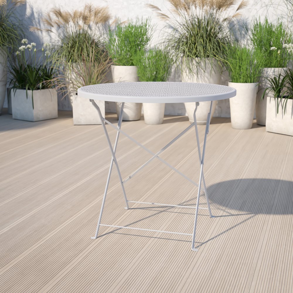 30" Round Light Gray Indoor-Outdoor Steel Folding Patio Table. Picture 2