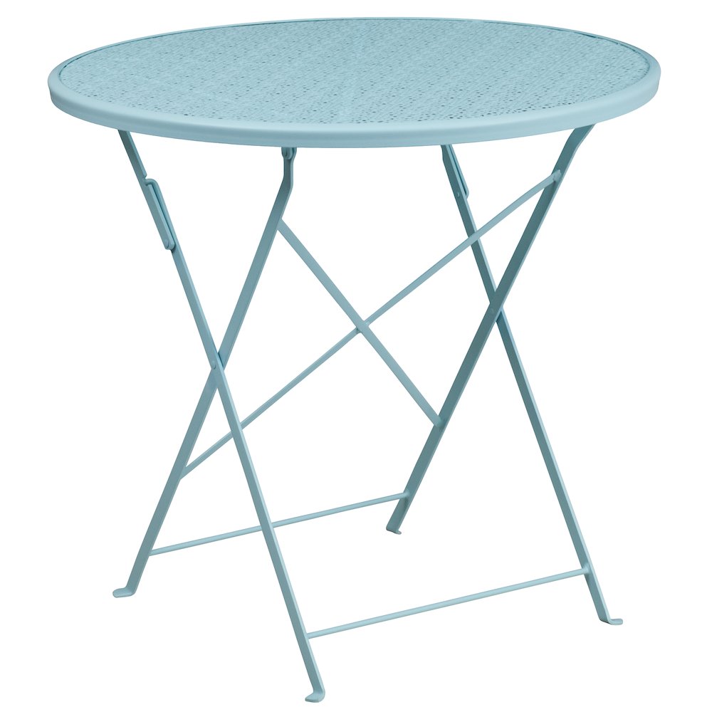 Commercial Grade 30" Round Sky Blue Indoor-Outdoor Steel Folding Patio Table. Picture 1