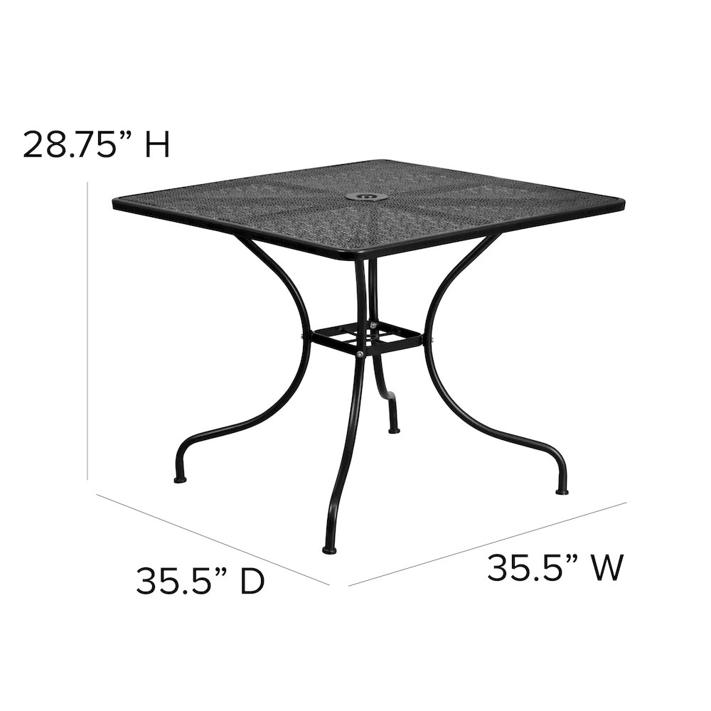 35.5" Square Black Indoor-Outdoor Steel Patio Table with Umbrella Hole. Picture 5