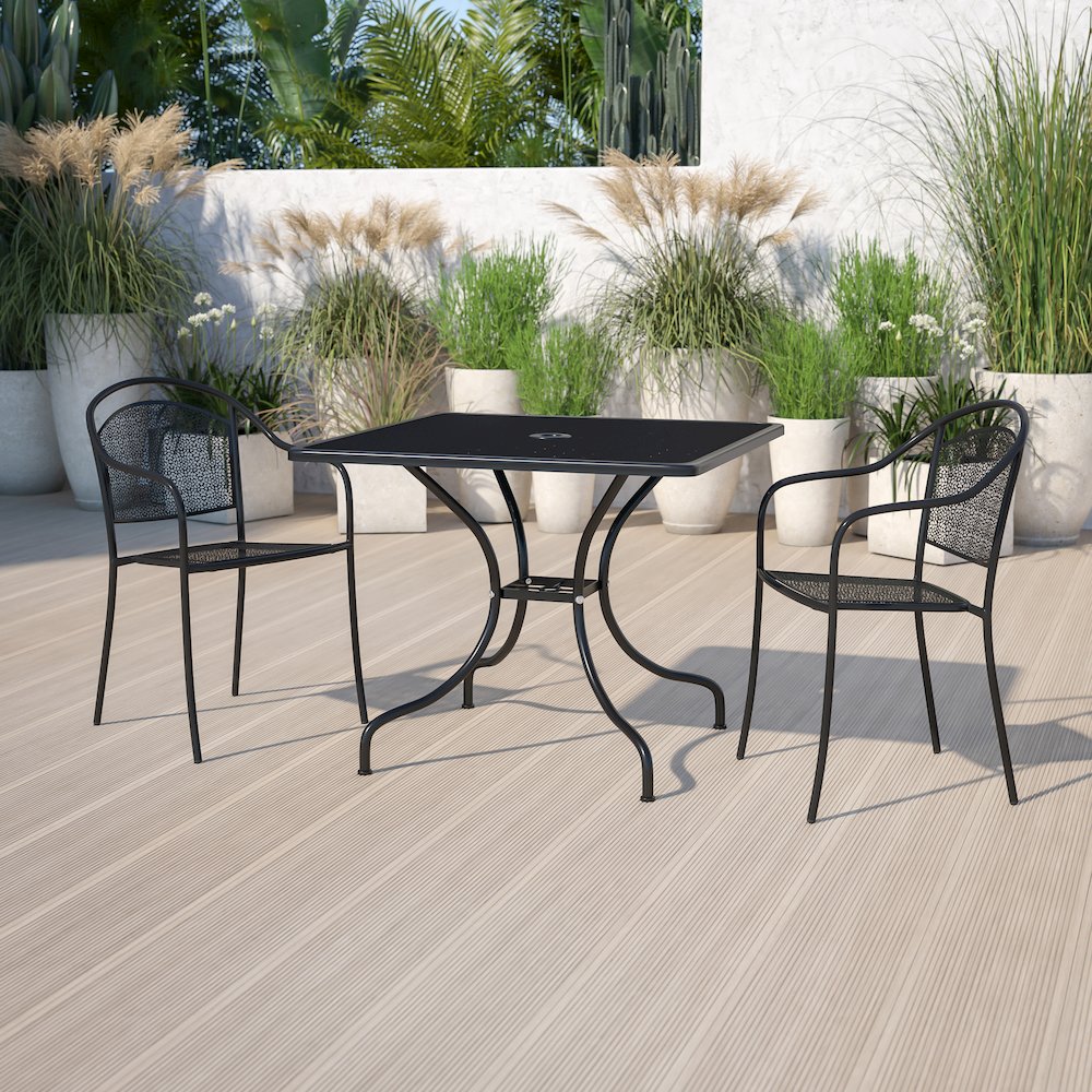 35.5" Square Black Indoor-Outdoor Steel Patio Table with Umbrella Hole. Picture 2