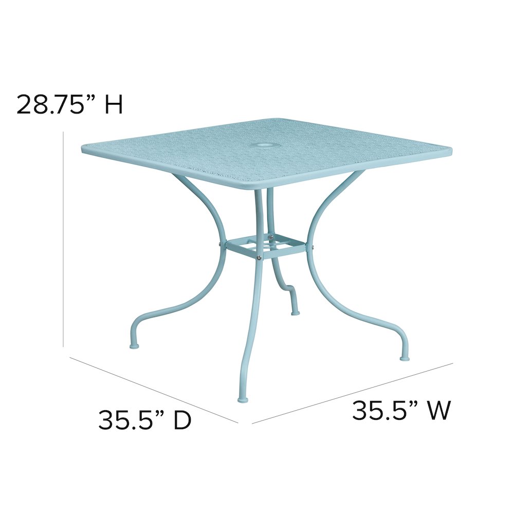 Commercial Grade 35.5" Square Sky Blue Indoor-Outdoor Steel Patio Table with Umbrella Hole. Picture 2