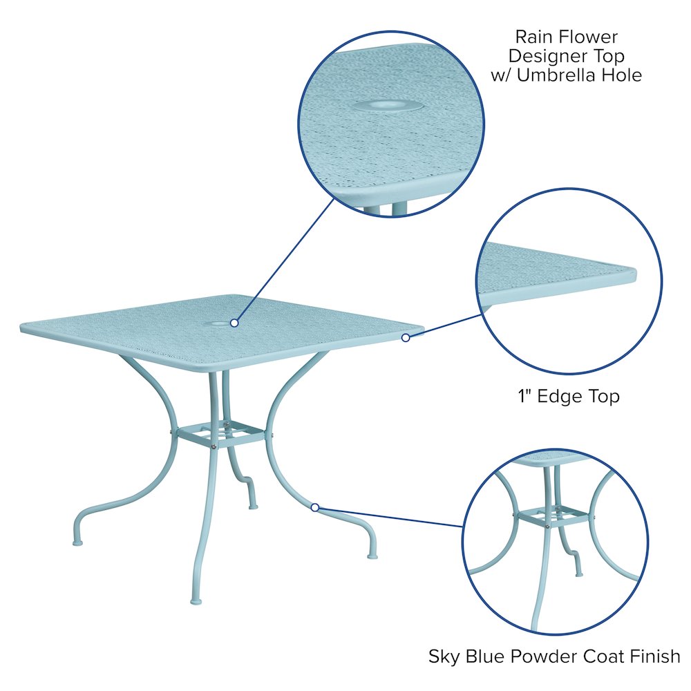 35.5" Square Sky Blue Indoor-Outdoor Steel Patio Table with Umbrella Hole. Picture 4