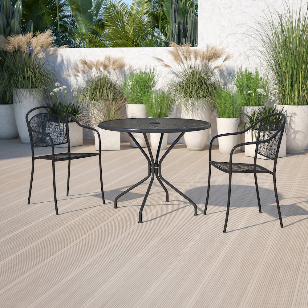 Commercial Grade 35.25" Round Black Indoor-Outdoor Steel Patio Table with Umbrella Hole. Picture 3