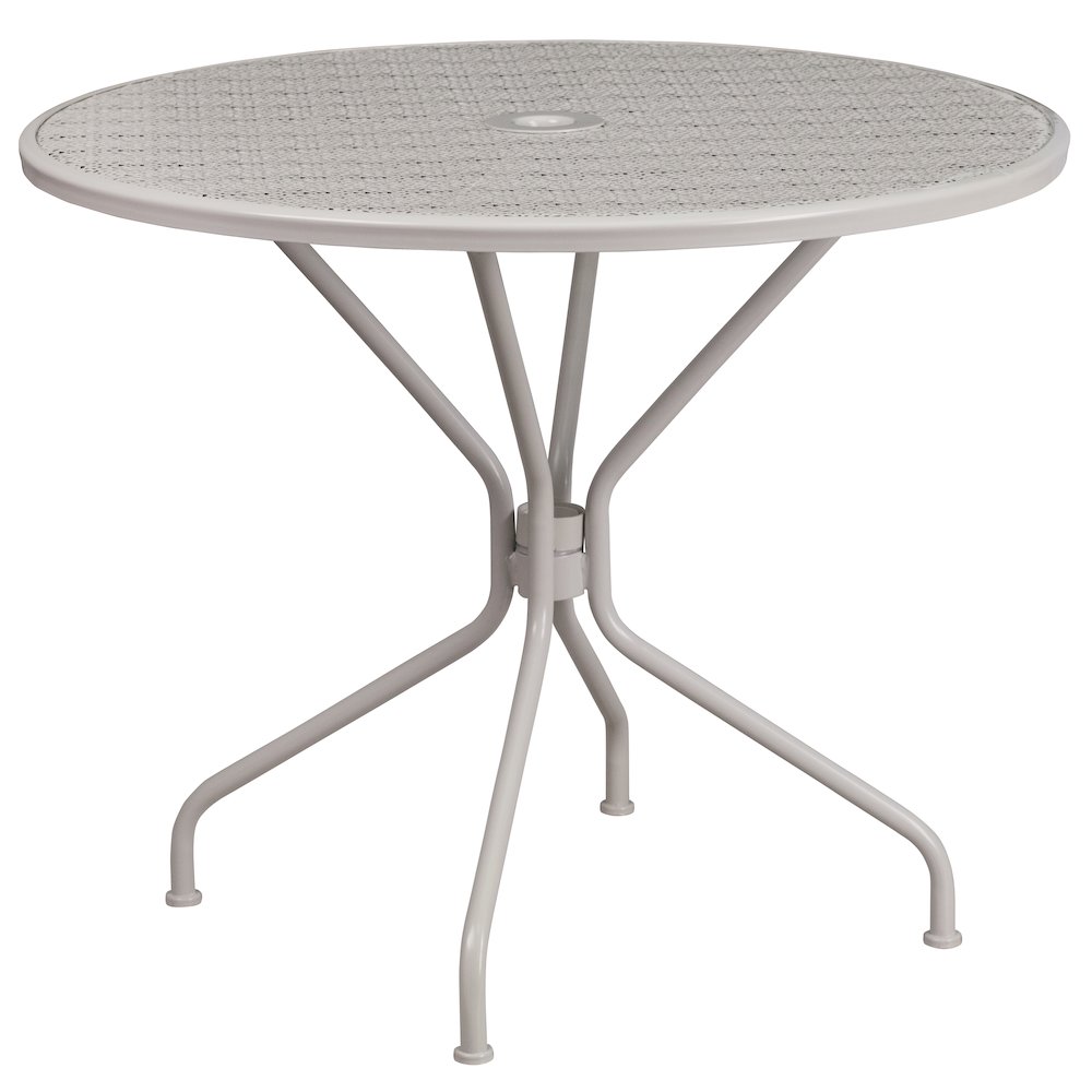 35.25" Round Light Gray Indoor-Outdoor Steel Patio Table with Umbrella Hole. Picture 1
