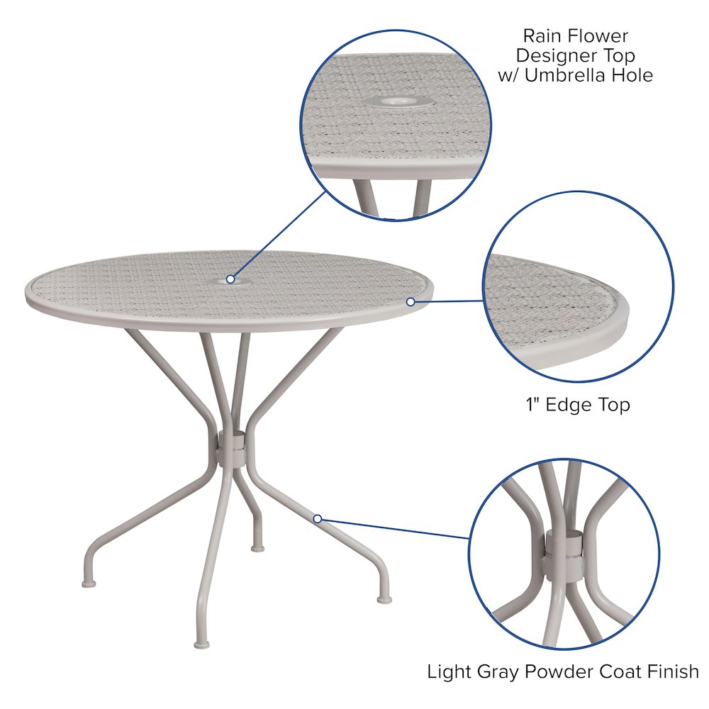 35.25" Round Light Gray Indoor-Outdoor Steel Patio Table with Umbrella Hole. Picture 4