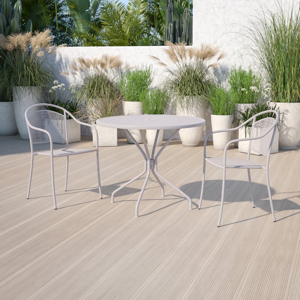 35.25" Round Light Gray Indoor-Outdoor Steel Patio Table with Umbrella Hole. Picture 2