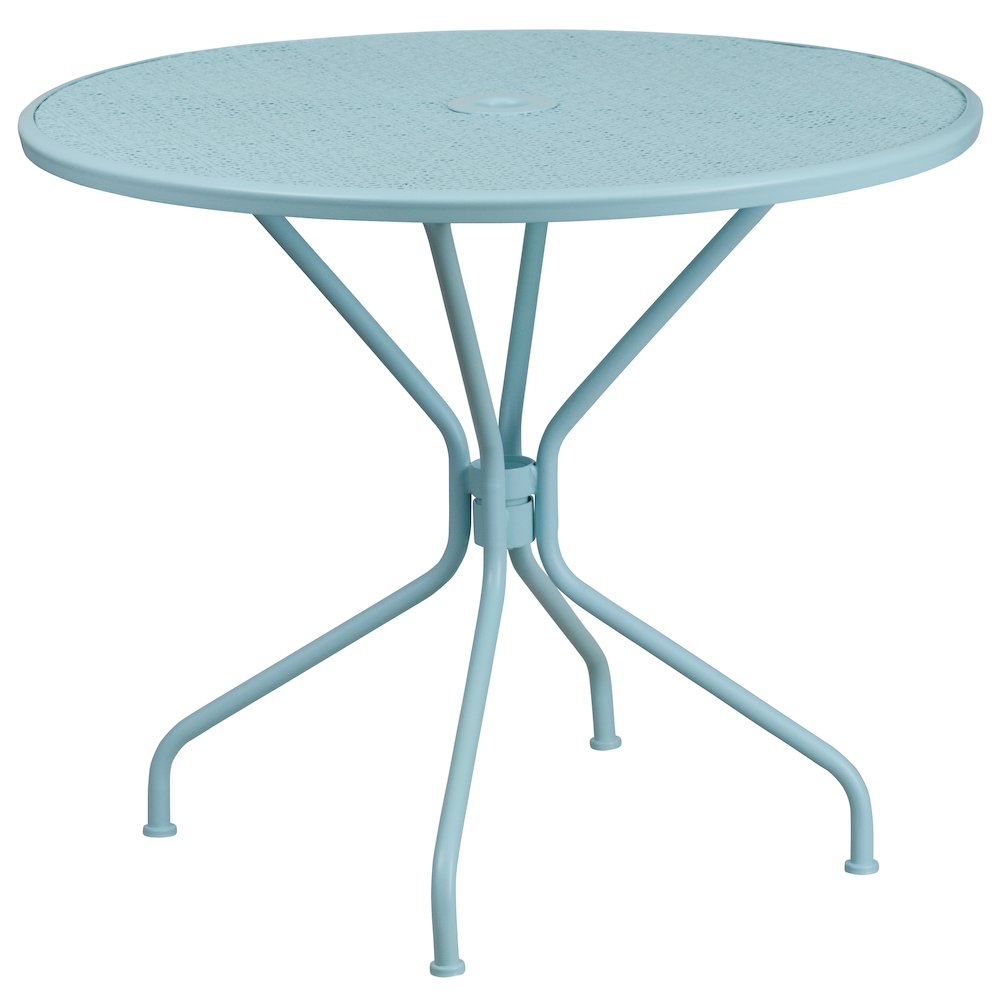 35.25" Round Sky Blue Indoor-Outdoor Steel Patio Table with Umbrella Hole. Picture 1