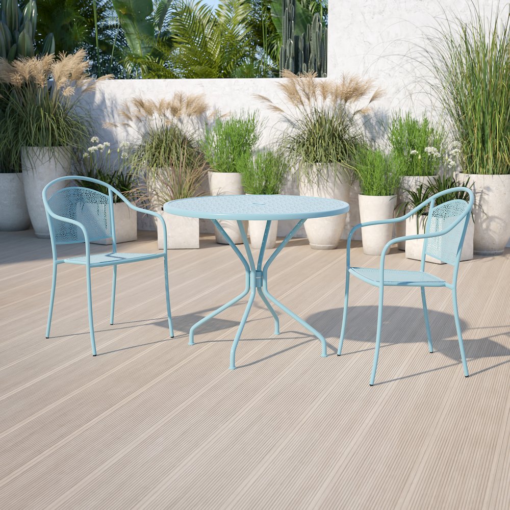 35.25" Round Sky Blue Indoor-Outdoor Steel Patio Table with Umbrella Hole. Picture 2