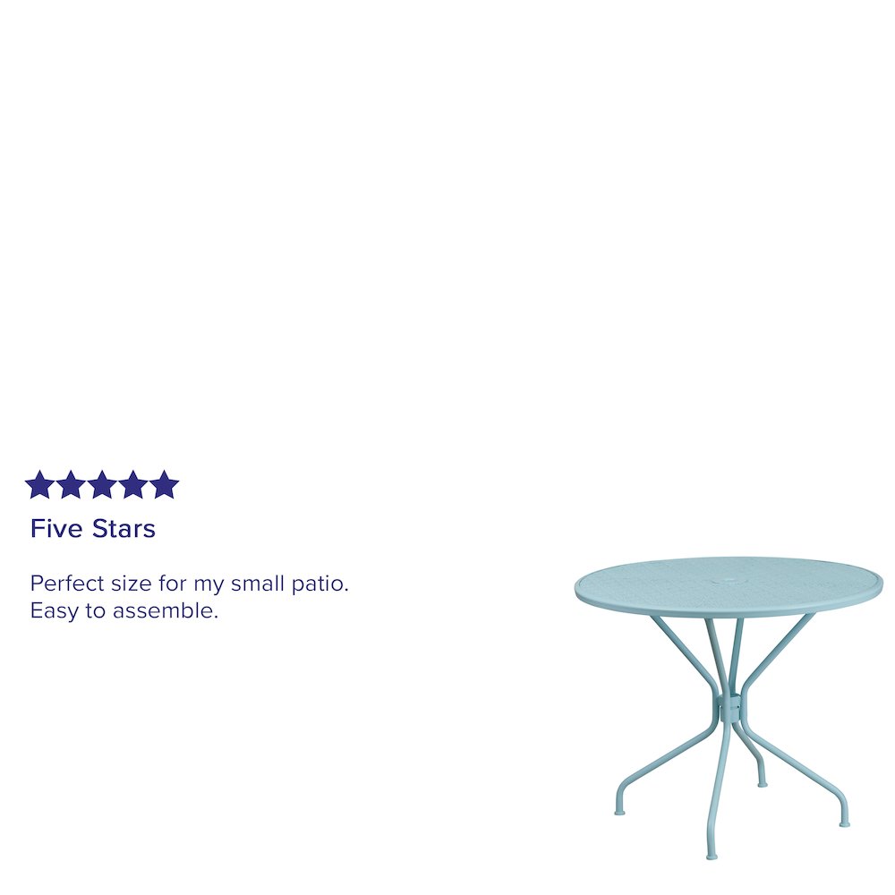 35.25" Round Sky Blue Indoor-Outdoor Steel Patio Table with Umbrella Hole. Picture 4