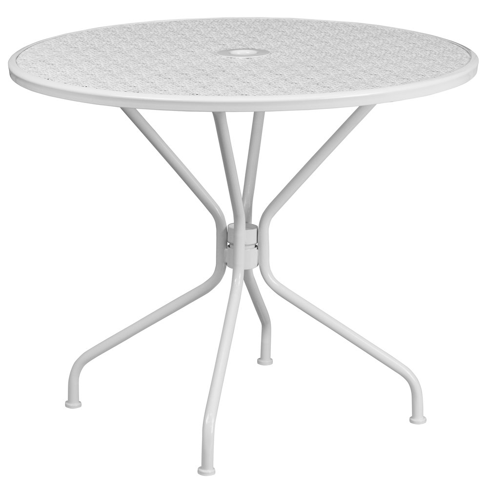 Commercial Grade 35.25" Round White Indoor-Outdoor Steel Patio Table with Umbrella Hole. Picture 1