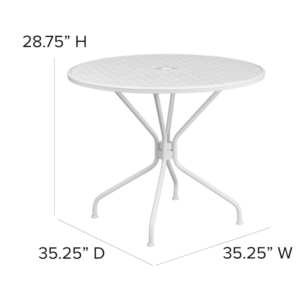 Commercial Grade 35.25" Round White Indoor-Outdoor Steel Patio Table with Umbrella Hole. Picture 2